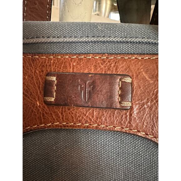 Crate and Barrel x FRYE Blue-Grey Canvas brown leather Backpack org $228.00 - Picture 11 of 16